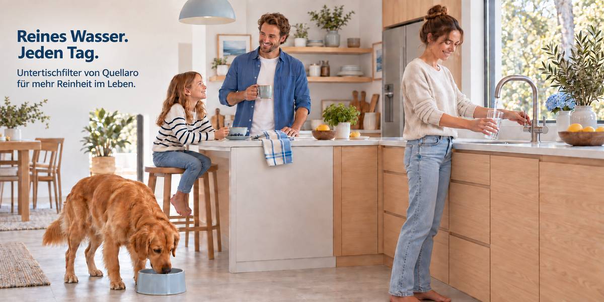 Familie und Hund in einer hellen Küche mit gefiltertem Wasser aus dem vorhandenen Wasserhahn.